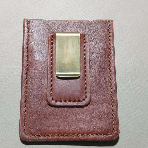 Genuine Leather Money Clip Wallet Brass Brown Tan Unisex Card Holder By Premo - Picture 3 of 9